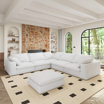 Oversized 160" Cloud Modular Sectional Sofa With Storage Ottomans, V Shaped Minimalist Sofa Couch, 6Seaters Convertible Couch Deep Seat Couches For Living Room 6Seaters White Down Filling,Fabric,Foam 6 Seat