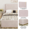 King Size Corduroy Upholstered Bed Frame With Vertical Stripe Wingback Headboard And High Footboard, Pink Pink Wood