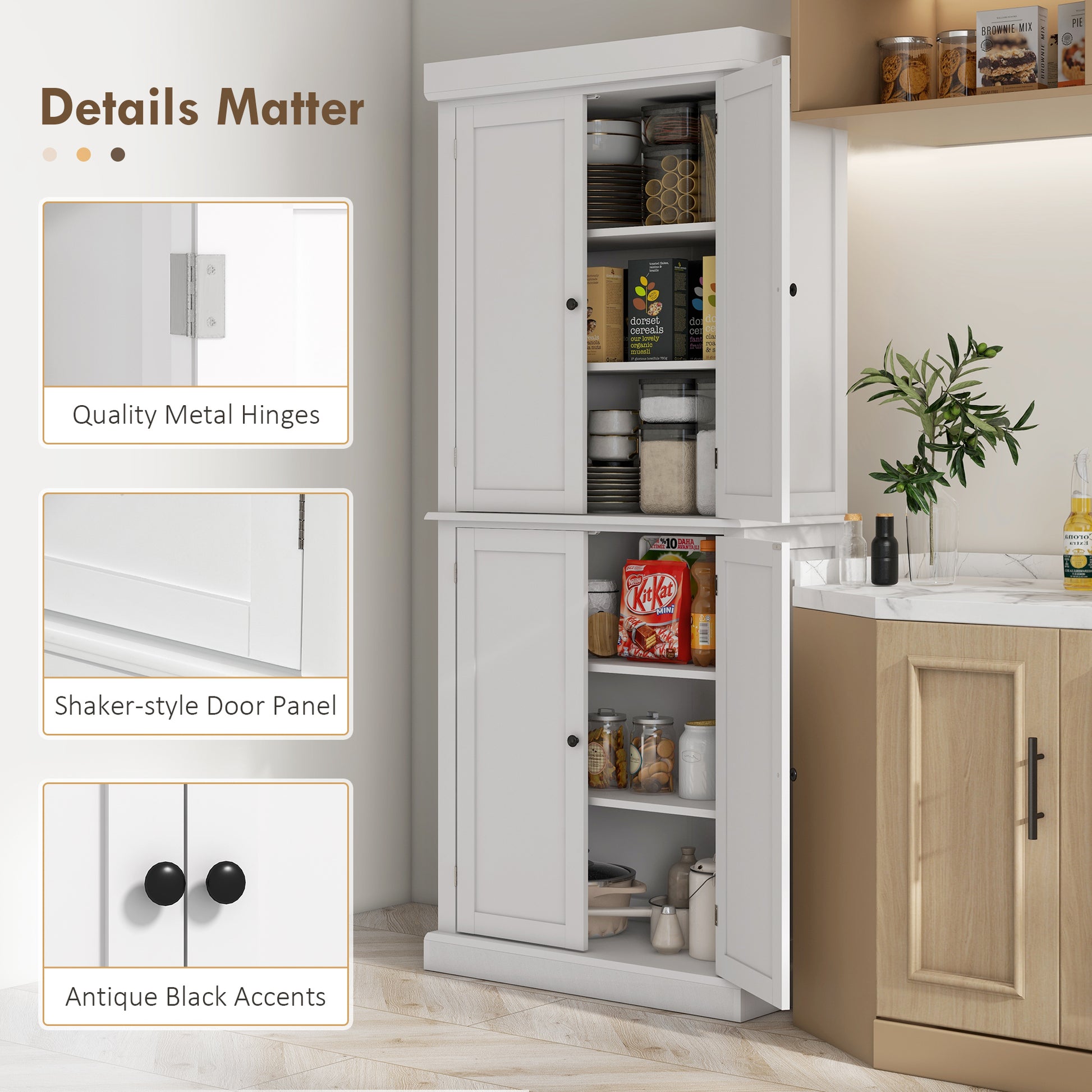 Homcom 72.5" Kitchen Pantry Storage Cabinet, Freestanding Kitchen Cupboard With 4 Doors And Adjustable Shelves For Dining Room, Mdf White White Mdf