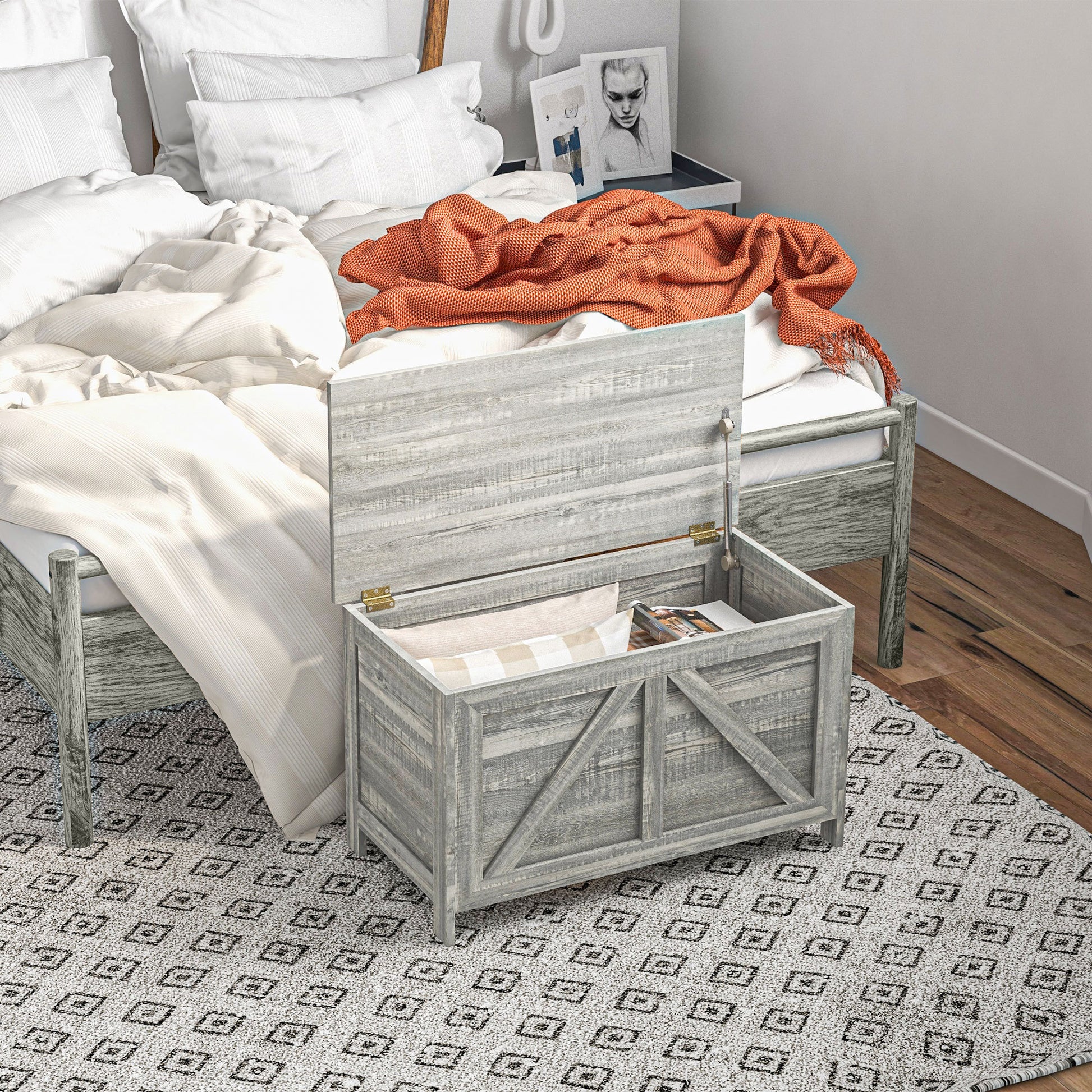 Homcom 30" Farmhouse Storage Chest, Lift Top Box Organizer With Safety Hinge To Open Up 100 For Bedroom, Entryway, Living Room, Gray Wood Grain Light Gray Particle Board