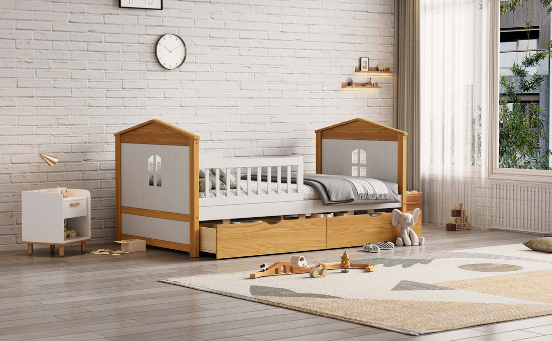 Twin Size House Shape Bed With Two Drawers Wooden Bed For Girls Boys Teens, No Box Spring Needed, Walnut And White Box Spring Not Required Twin White Walnut Wood Bedroom Cute Pine Bed Frame Wood