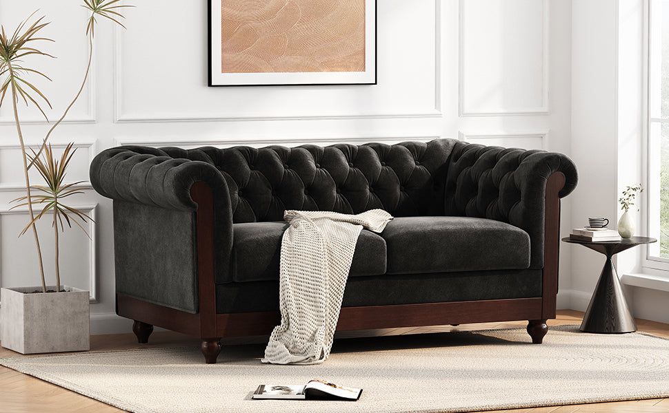 Vivalux 59.44" Chesterfield Velvet Loveseat Sofa,2 Person Rolled Arm Dutch Plush Upholstered Sofa Couch With Tufted Button For Living Room, Bedroom, Small Places,Black Black Espresso Velvet Wood Primary Living Space Soft Tufted Back Casual,Classic Pine