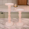 Qui 14, 11 Inch Candle Holders, Rose Pink Turned Pedestal Glass, Set Of 2 Pink Glass