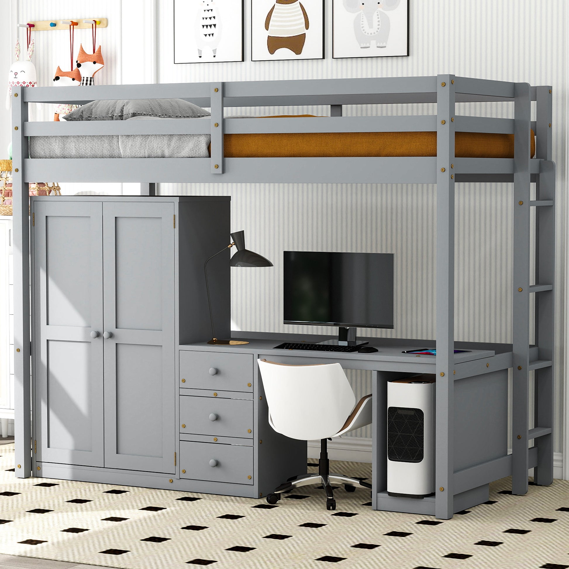 Twin Size Loft Bed With Wardrobe, Desk And Storage Drawers, Gray Twin Gray Pine