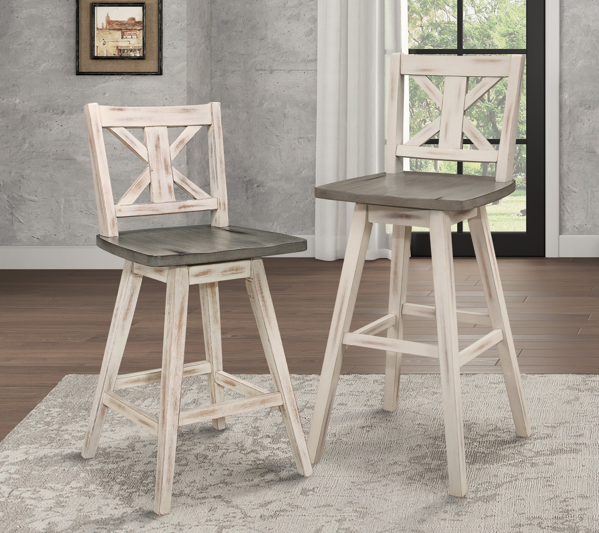 Counter Height Chairs Set Of 2, White Gray 360 Degree Swivel Chair Solid Rubberwood Kitchen Dining Furniture, X Back White Gray Dining Room Rustic Cross Back Solid Wood