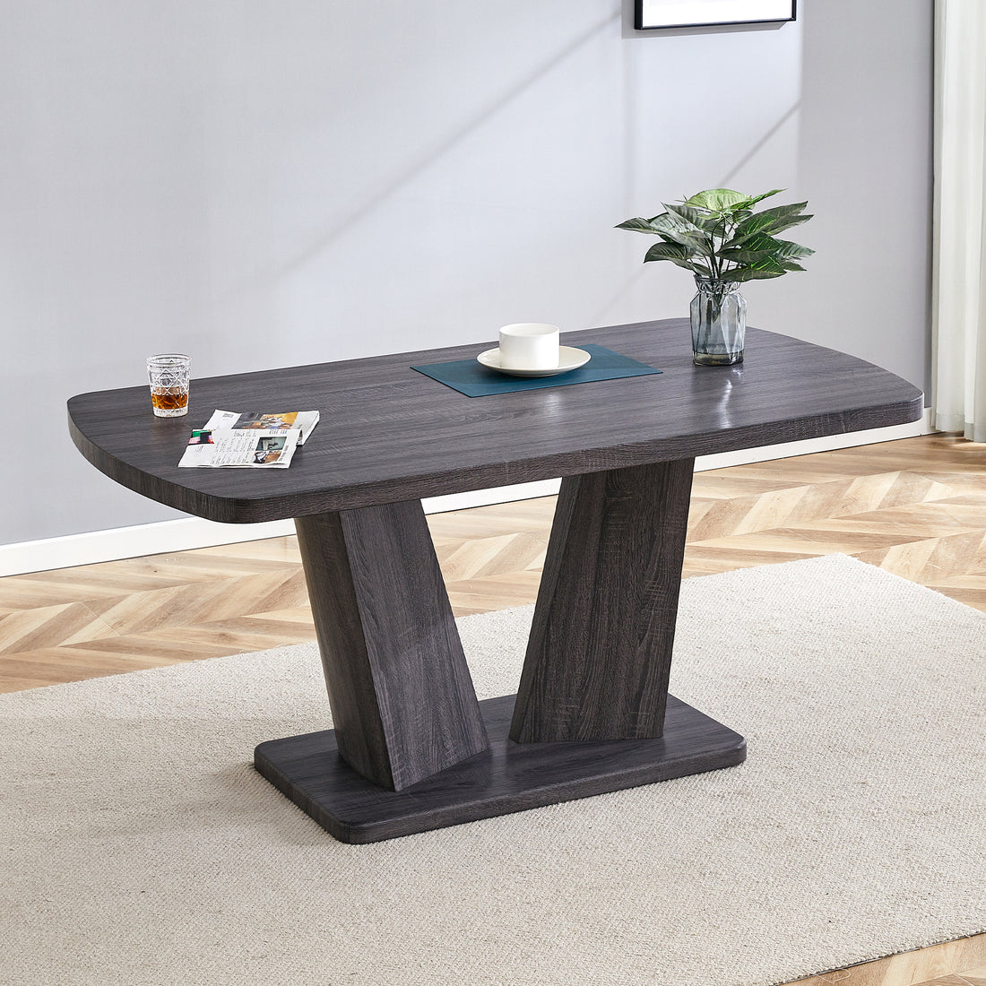 Modern Dining Table, Dining Room Table With 63" Rectangle Top And V Shape Mdf Base, Kitchen Dining Table For Kitchen Living Dining Room Gray Dining Room Modern Rectangular Mdf