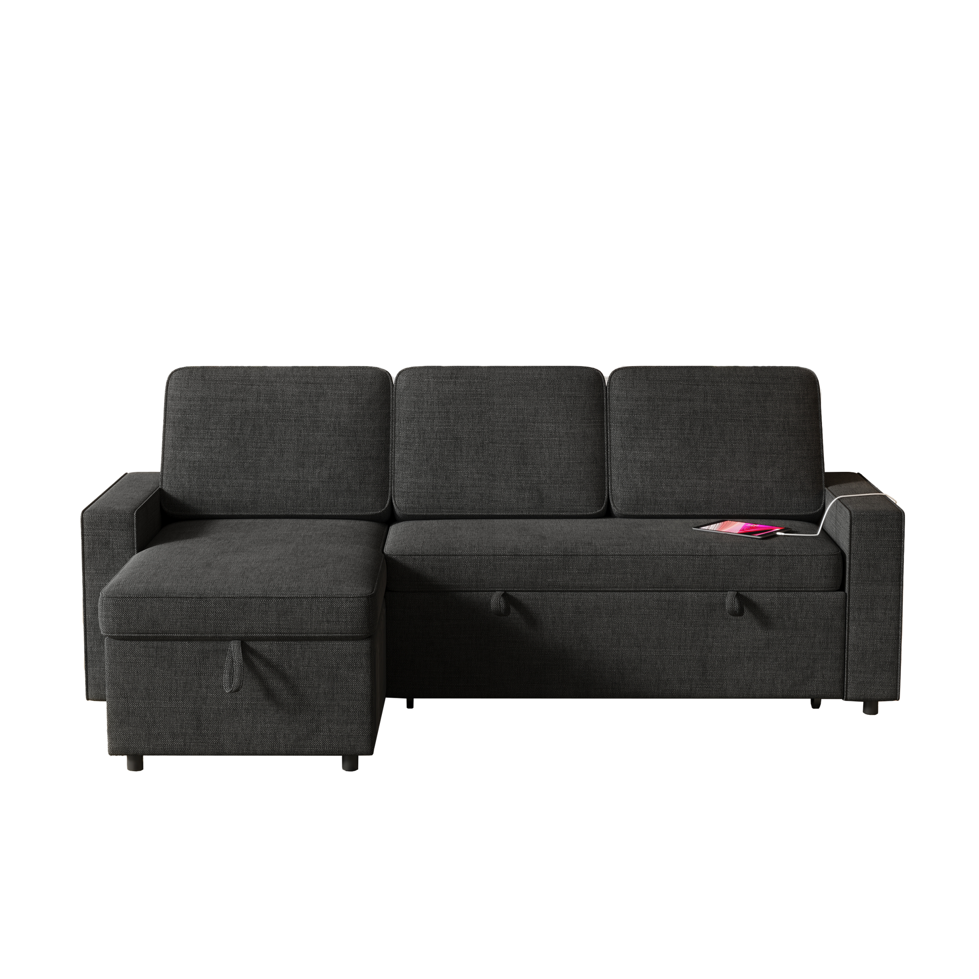 85.8" Pull Out Sleeper Sofa L Shaped Couch Convertible Sofa Bed With Storage Chaise And Storage Racks,With Usb Port And T Pyce Port Black Fabric 3 Seat