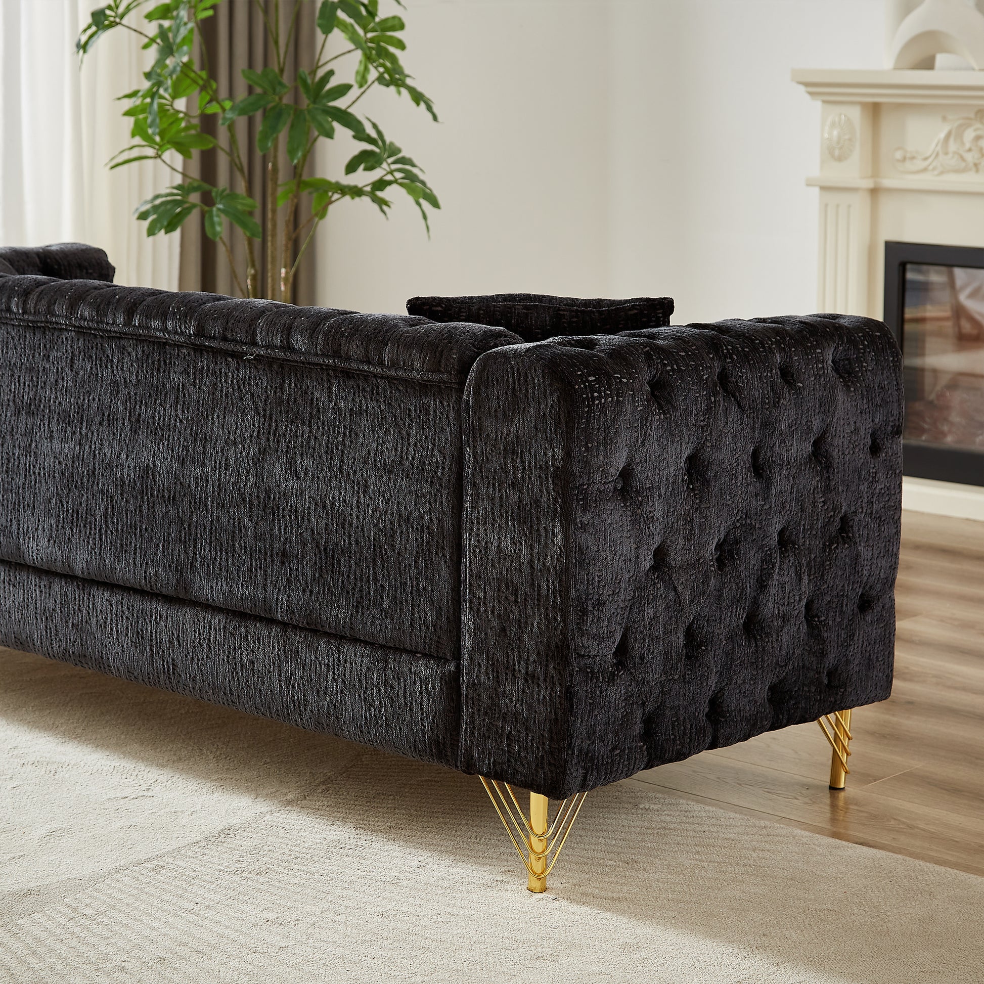 60 Inch Chenille Pull Buckle Design Sofa For Living Room,Buttons Tufted With Copper Nail Decoration Armrest, Modern Couch Upholstered Button And Metal Legs Black Foam Chenille 2 Seat