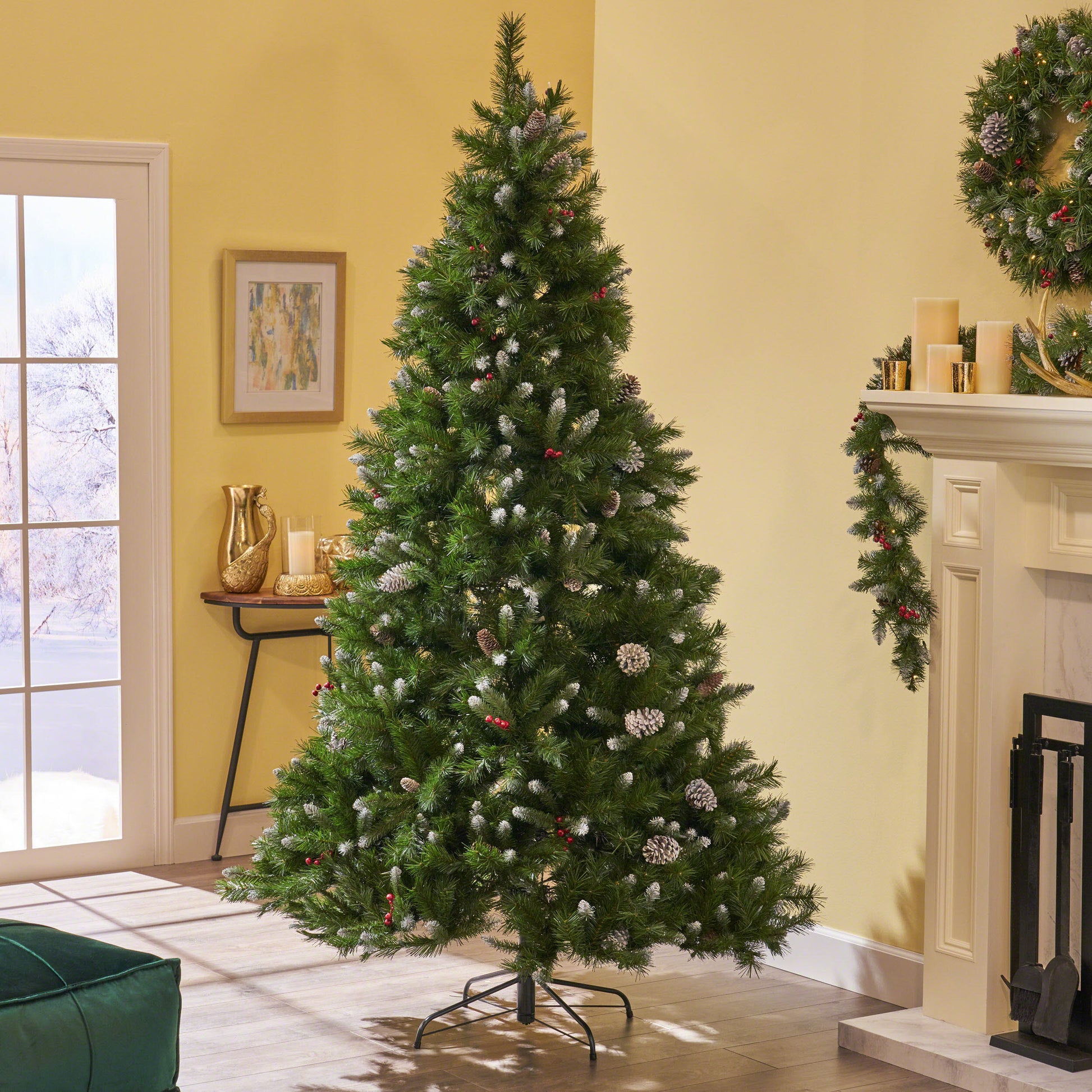 7' Mixed Frosted Hinged Tree With 52 Frosted Pine Cones And 26 Red Berry And Dia:53",1219 Tips Green Pvc