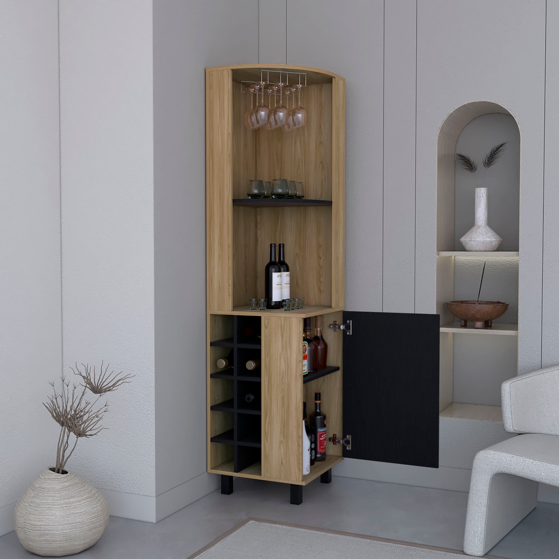 Kaia 70" Tall Corner Bar Cabinet With Four Shelves, Ten Wine Bottle Cubbies And Stemware In Natural Oak Black Light Oak Kitchen Modern Particle Board