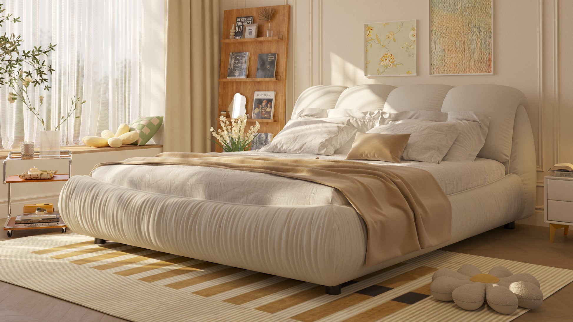 Queen Size Luxury Upholstered Platform Bed With Oversized Padded Backrest And Solid Wood Frame,Suitable For Multiple Heights Of Mattresses,Beige Old Sku:W1885S00014 Box Spring Not Required Queen Beige Wood Pine Solid Wood