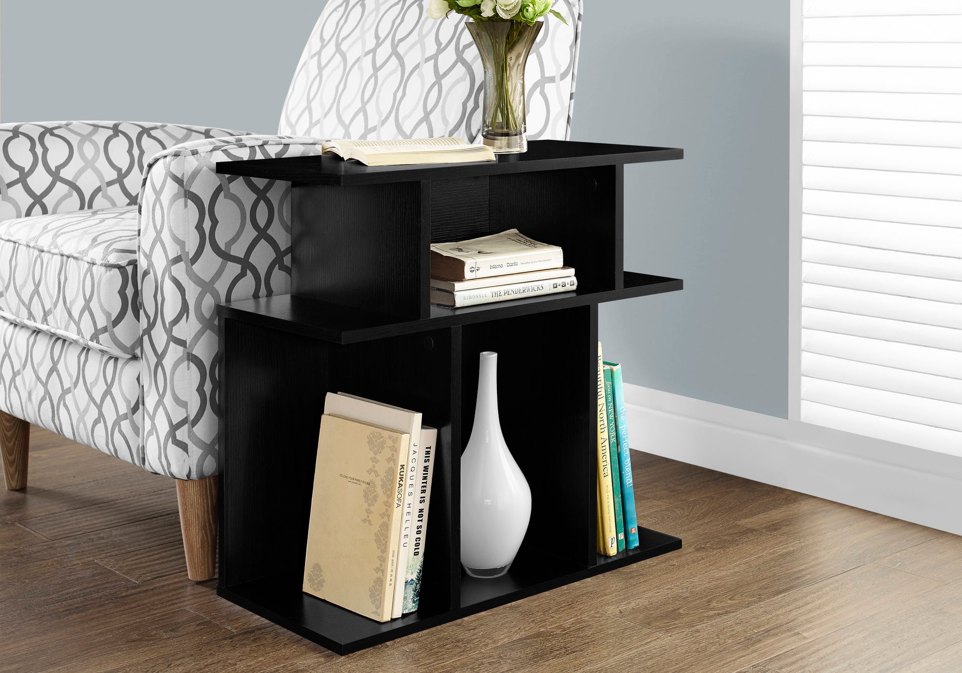 Accent Table, Side, End, Nightstand, Lamp, Living Room, Bedroom, Black Laminate, Contemporary, Modern Black Particle Board