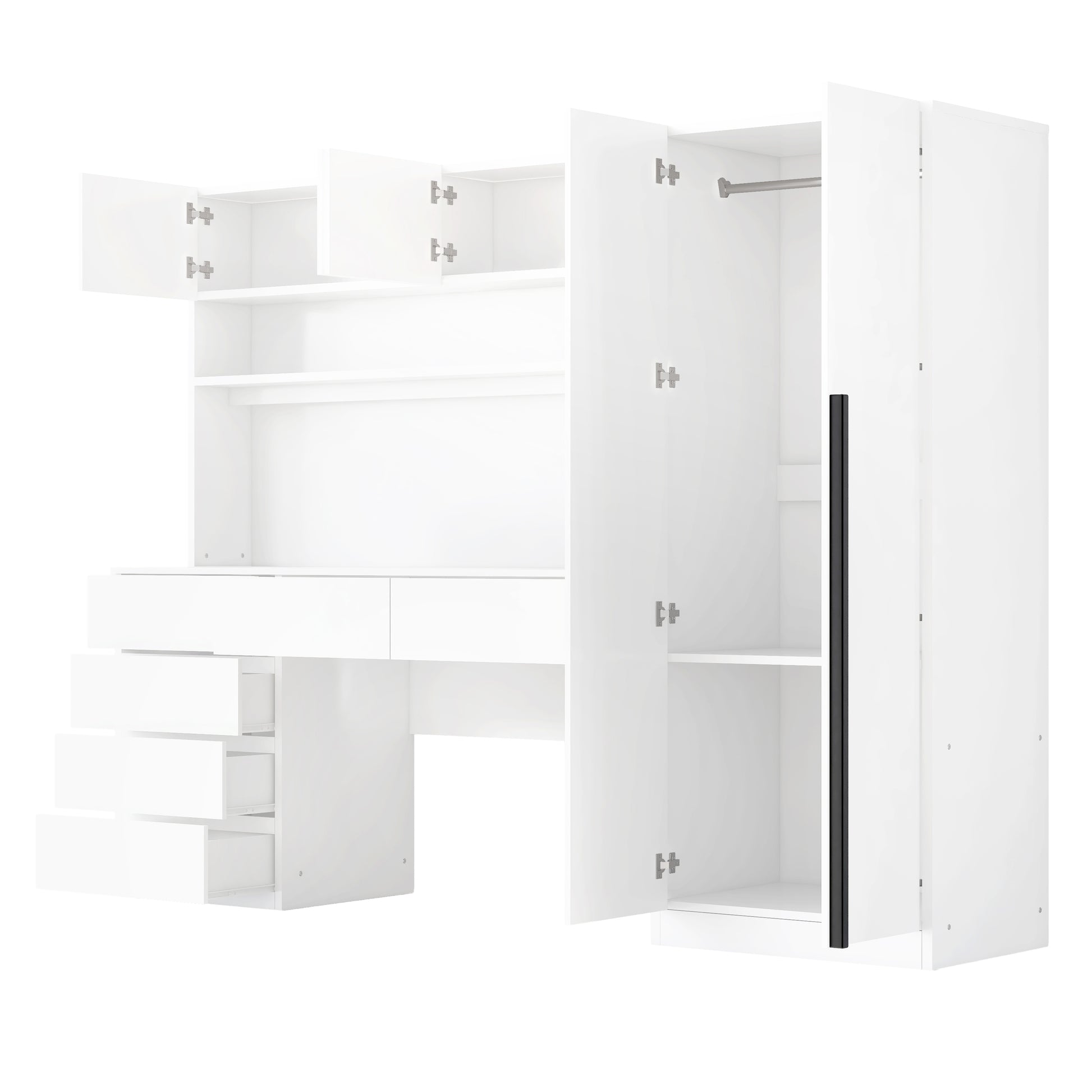 2 Door Wooden Storage Desk Wardrobe For Bedroom With Shelves And Drawers, White White Mdf Lvl