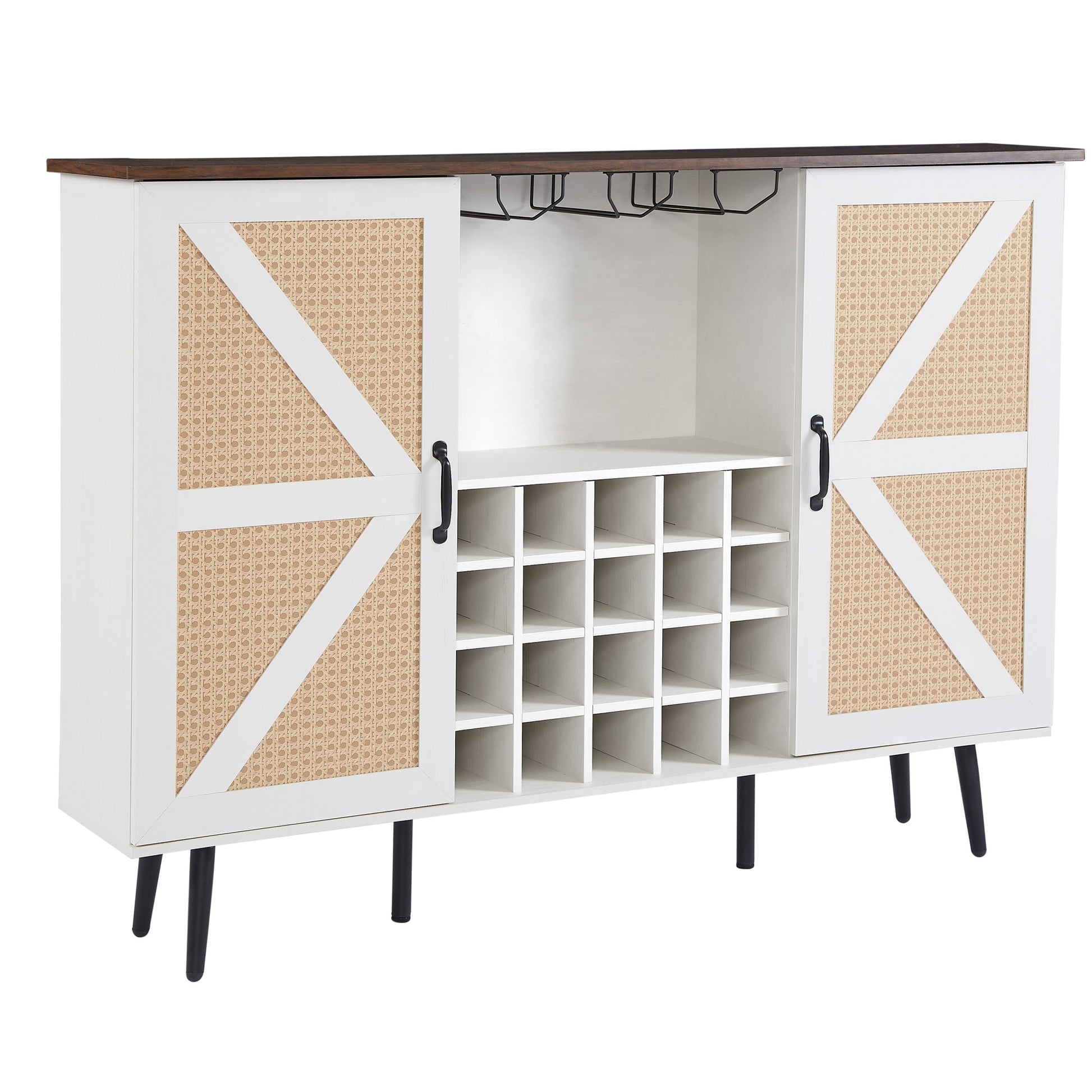 White Faux Rattan Barn Door Wine Cabinet With Wine Rack And Wine Glass Rack, Double Door Design With Removable Shelves, Rustic Wood Storage Cabinet White Walnut Particle Board Mdf