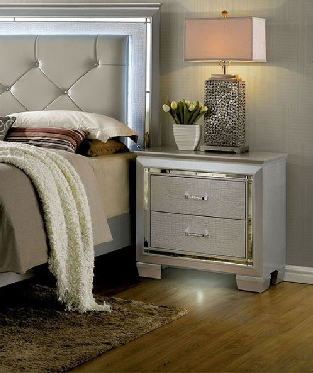 Contemporary 1Pc Nightstand Silver Bedside Table Led Light English Dovetail Drawer Bedroom Furniture Silver 2 Drawers Bedroom Bedside Cabinet Classic,Contemporary,Modern Easy Assembly Silver Mirror,Solid Wood