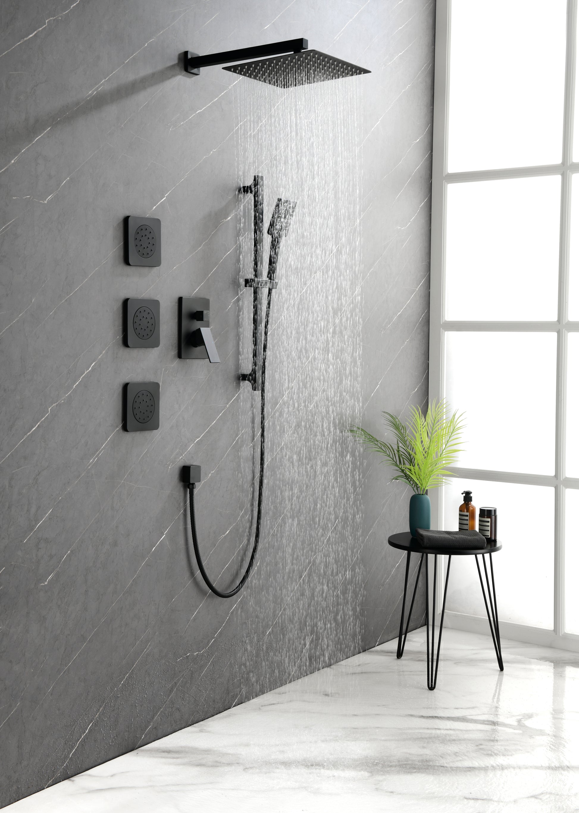 Wall Mounted Shower System In Matte Black With Shower Head, Handheld Shower, 3 Body Jets Matte Black Brass Brass
