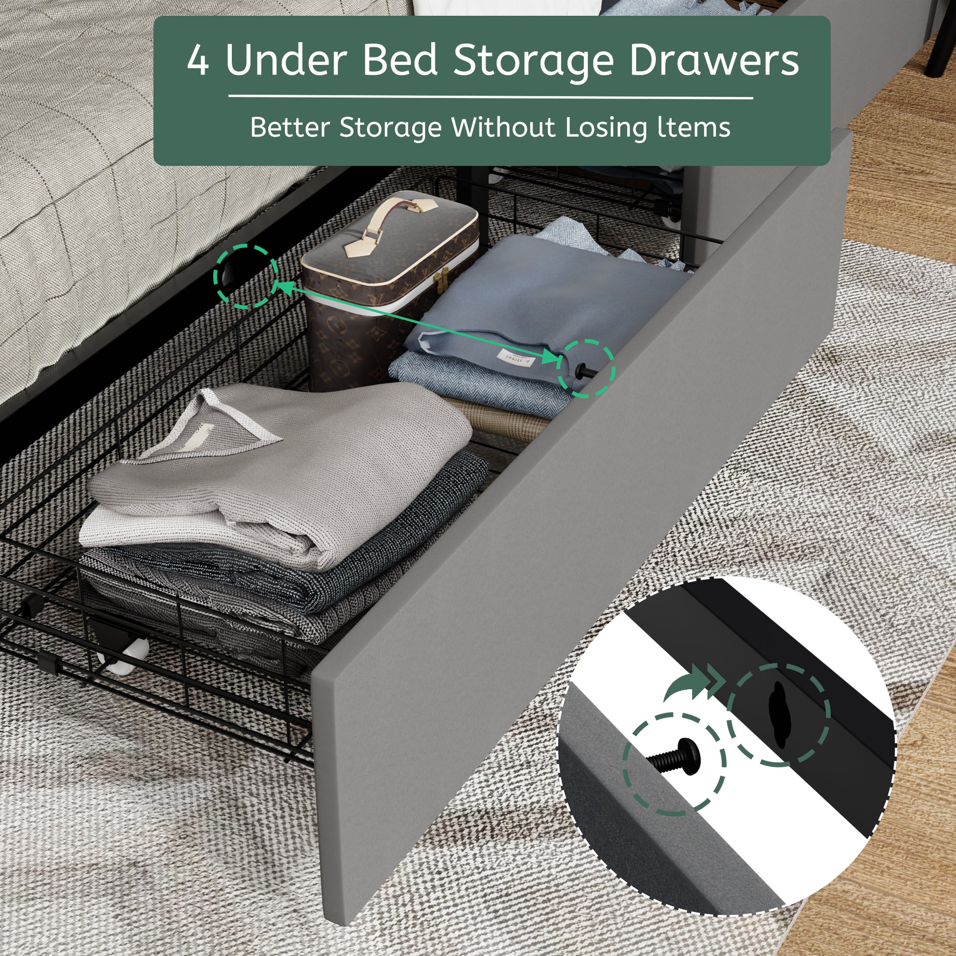 Full Size Bed Frame With 4 Storage Drawers And 2 Usb Ports, Upholstered Platform Bed Frame With Storage Headboard Charging Station And Metal Slat Support, No Box Spring Needed, Dark Grey. Box Spring Not Required Full Dark Grey Metal Bedroom Bed Frame Mdf