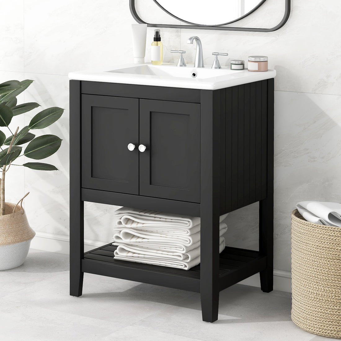 Video 24" Black Modern Sleek Bathroom Vanity Elegant Ceramic Sink With Solid Wood Frame Open Style Shelf Black Solid Wood Mdf