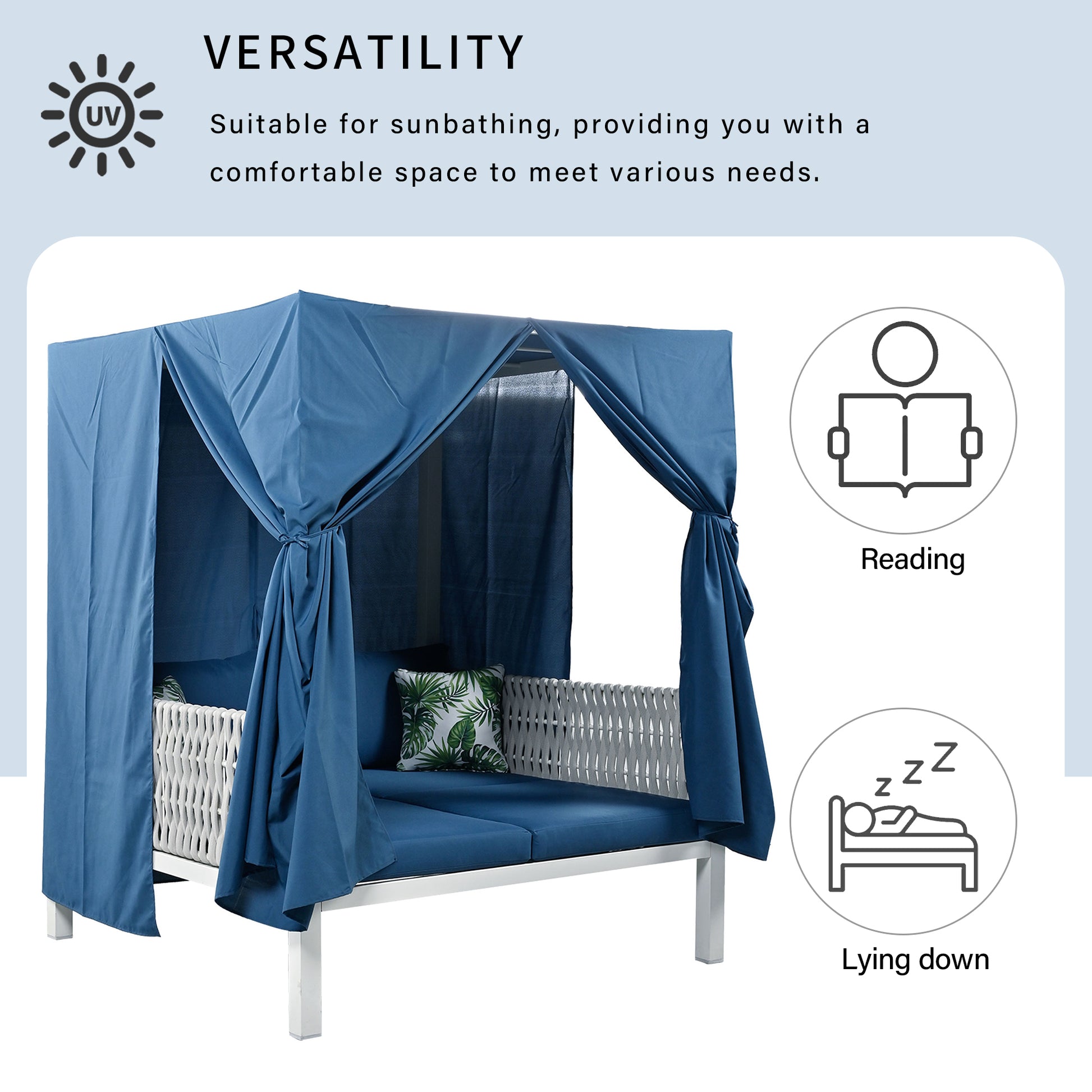 Outdoor Patio Sunbed With Curtains, High Comfort, Suitable For Multiple Scenarios Blue Woven Rope