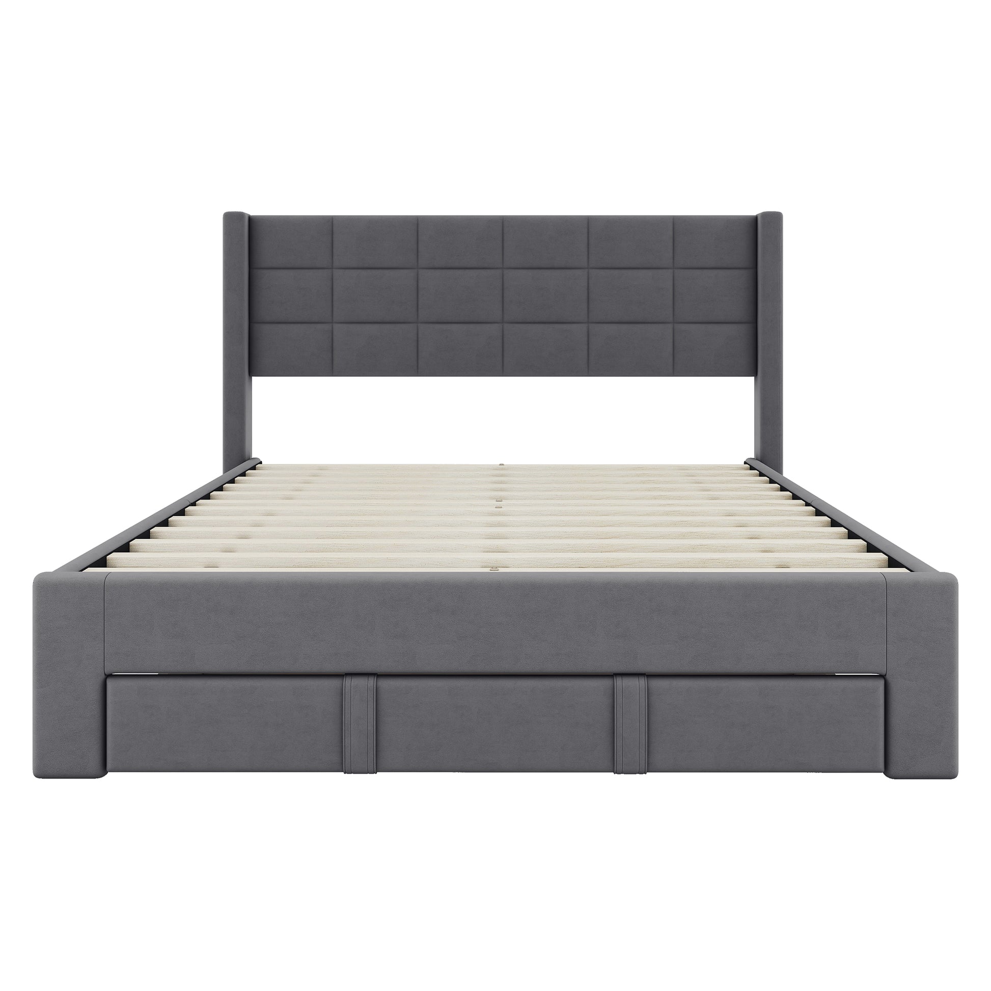 Queen Size Upholstered Platform Bed With A Big Drawer, Gray Box Spring Not Required Queen Gray Wood Bedroom Bed Frame Polyester Upholstered