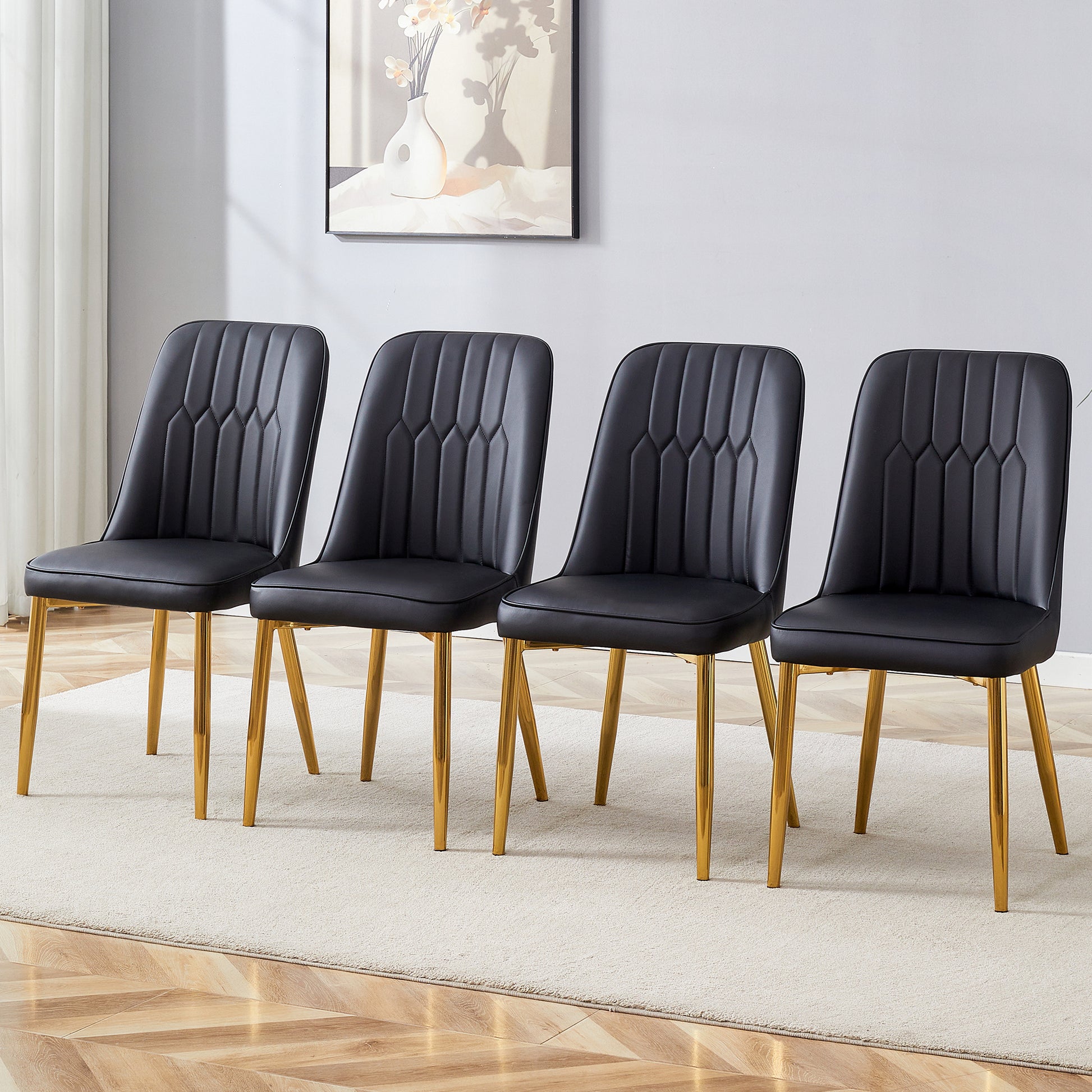 4 Modern Dining Chairs, Sleek Pu Leather Backrest, And Gold Metal Legs Bring A Comfortable Home Experience To The Kitchen, Bedroom, And Office. Black Pu