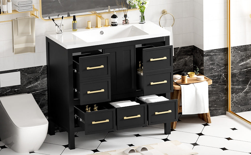 36'' Bathroom Vanity With Resin Sink Combo, Solid Wood Frame Bathroom Storage Cabinet, Freestanding Vanity Set With 5 Drawers& Soft Closing Doors Same As N710S136002B Black Bathroom Solid Wood Mdf Resin