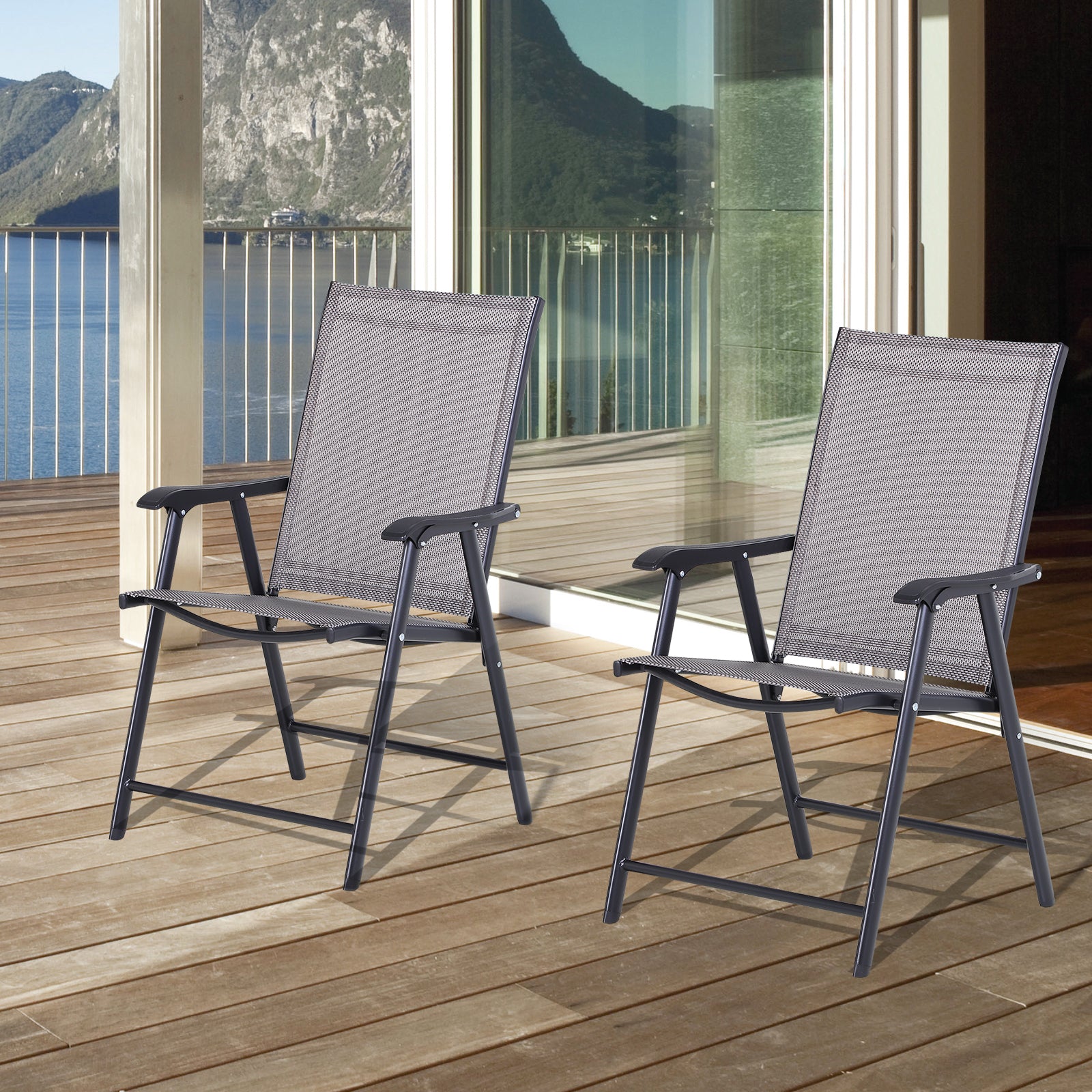 Outsunny Set Of 2 Patio Folding Chairs, Stackable Outdoor Sling Patio Dining Chairs With Armrests For Lawn, Camping, Dining, Beach, Metal Frame, No Assembly, Gray Gray Fabric Metal