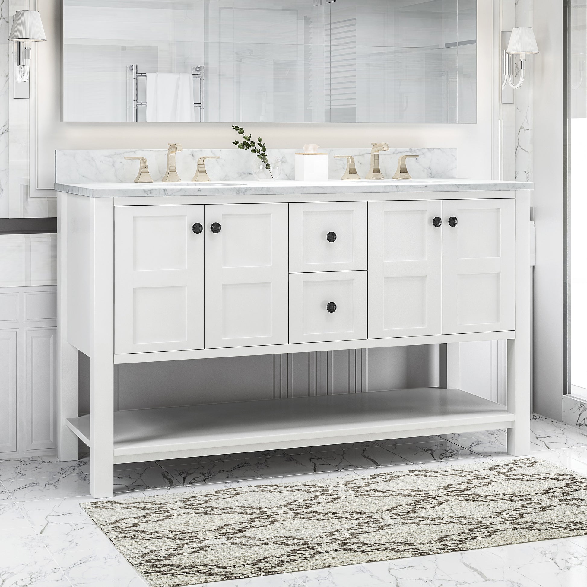 61'' Bathroom Vanity With Marble Top & Double Ceramic Sinks, 4 Doors, 2 Drawers, Open Shelf, White White Mdf