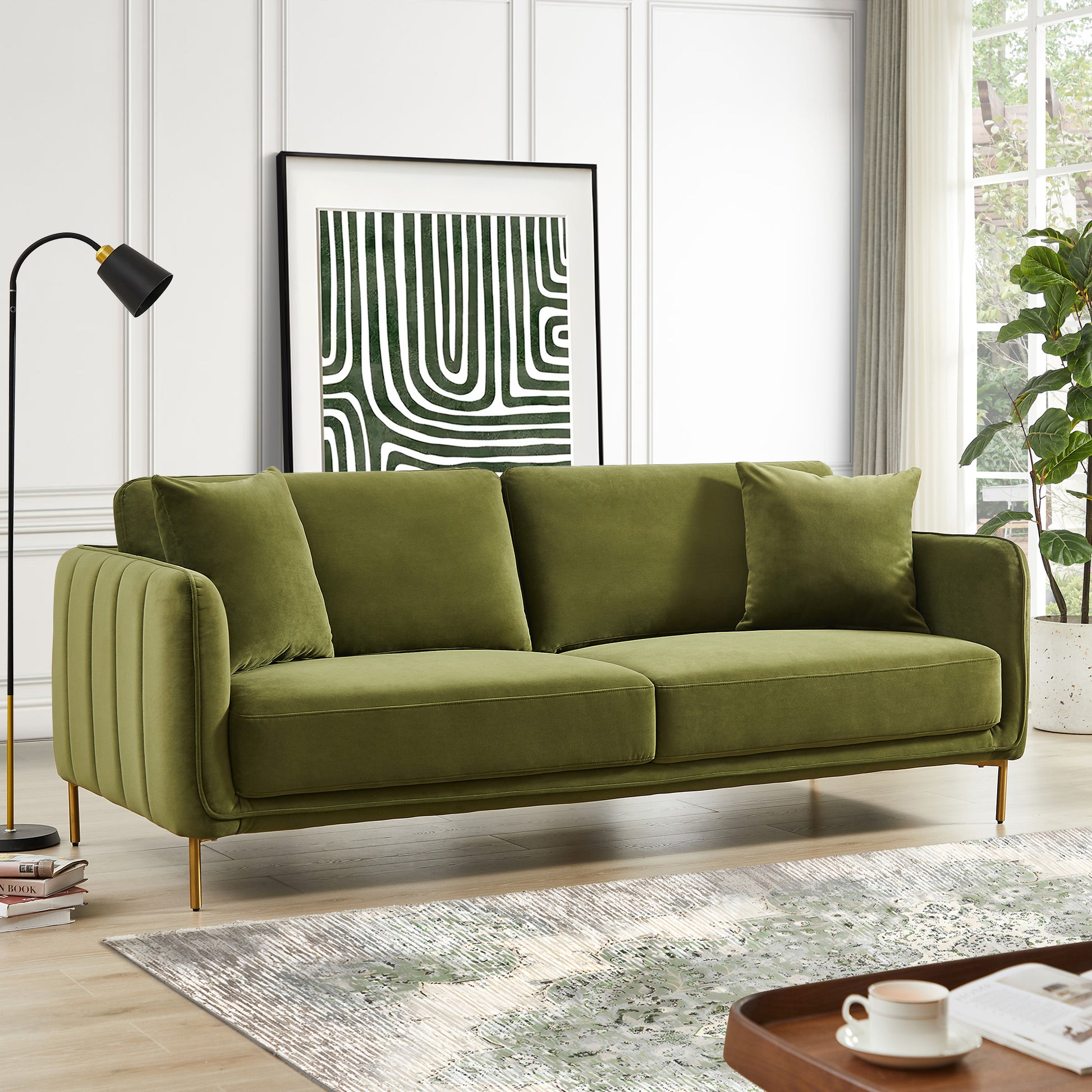 Danton Olive Green Velvet Sofa Gold,Light Green,Olive Green Velvet Metal Primary Living Space Metal,Velvet 3 Seat