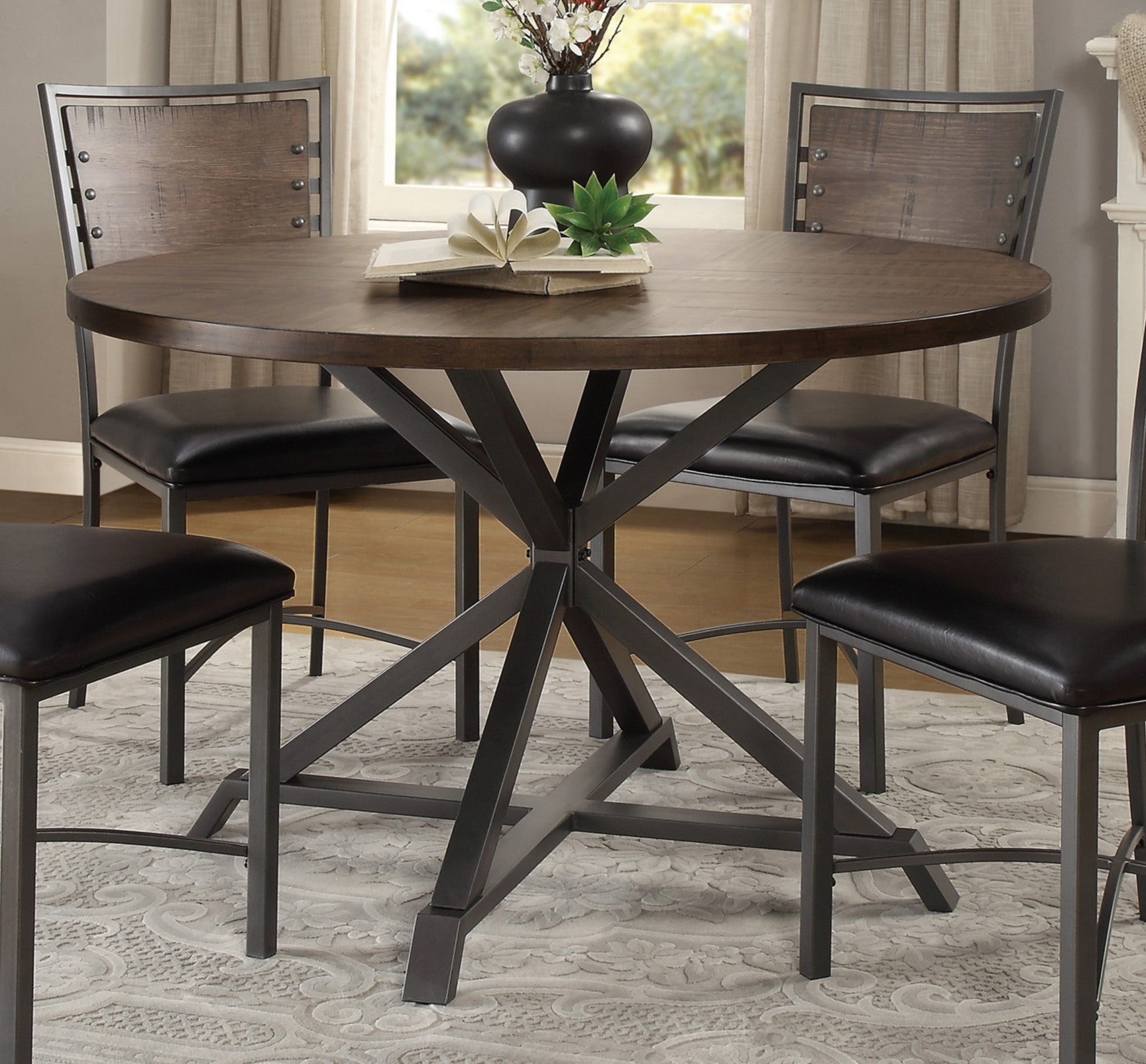 Industrial Style Round Dining Table 1Pc Burnished Brown Finish And Gray Metal Finish Rustic Style Dining Kitchen Furniture Brown Gray Seats 4 Dining Room Industrial,Rustic Round Metal