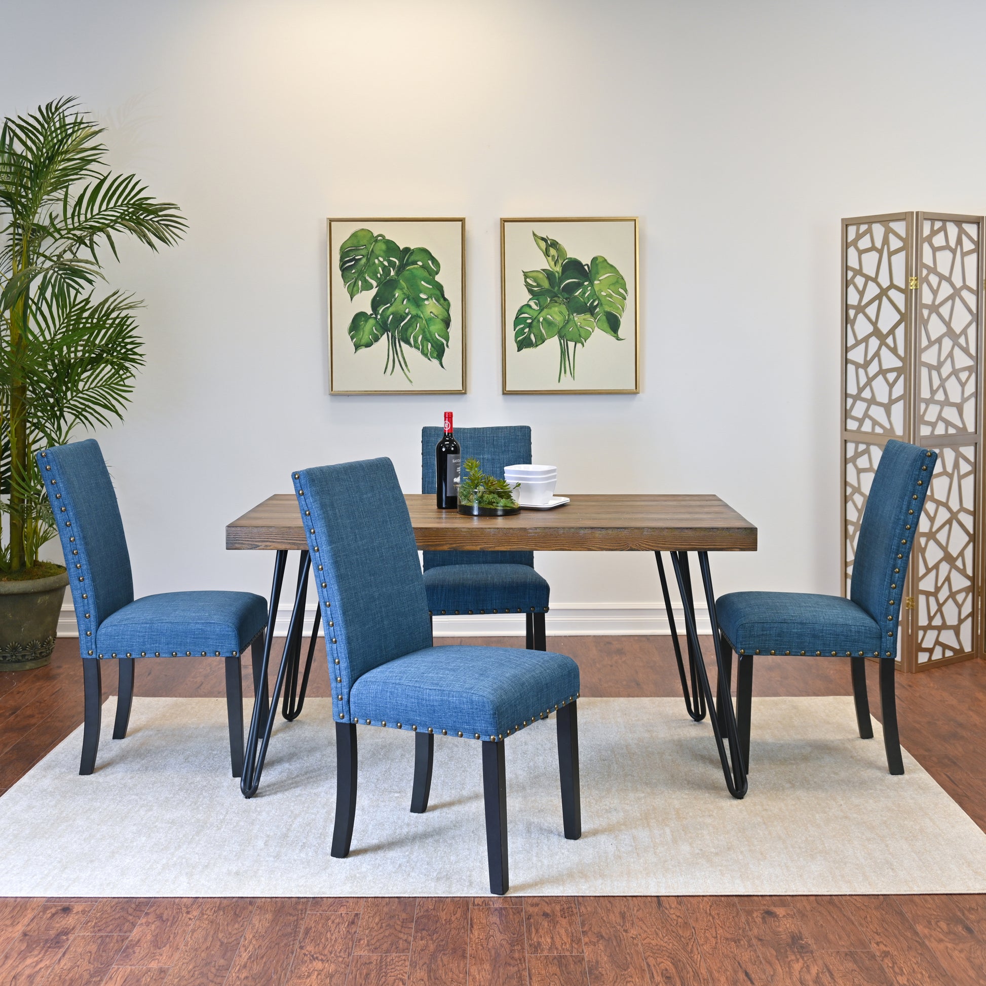 Amisos 5 Piece Dining Set, Hairpin Dining Table With 4 Chairs, 3 Color Options Wood Brown Seats 4 Brown Metal Dining Room Fixed Table Rubberwood Rectangular 4 Leg Rectangular Dining Table With Chair Mdf