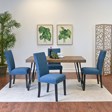 Amisos 5 Piece Dining Set, Hairpin Dining Table With 4 Chairs, 3 Color Options Wood Brown Seats 4 Brown Metal Dining Room Fixed Table Rubberwood Rectangular 4 Leg Rectangular Dining Table With Chair Mdf