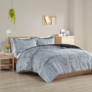 Shaggy Long Fur Comforter Mini Set Queen Grey Polyester