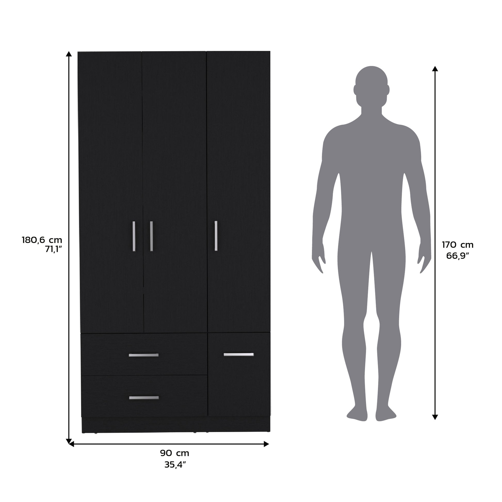 Armoire Wardrove 71", 4 Doors, Hanging Rod, 3 Cabinets, 6 Shelves, Black Black Solid Wood Mdf Engineered Wood