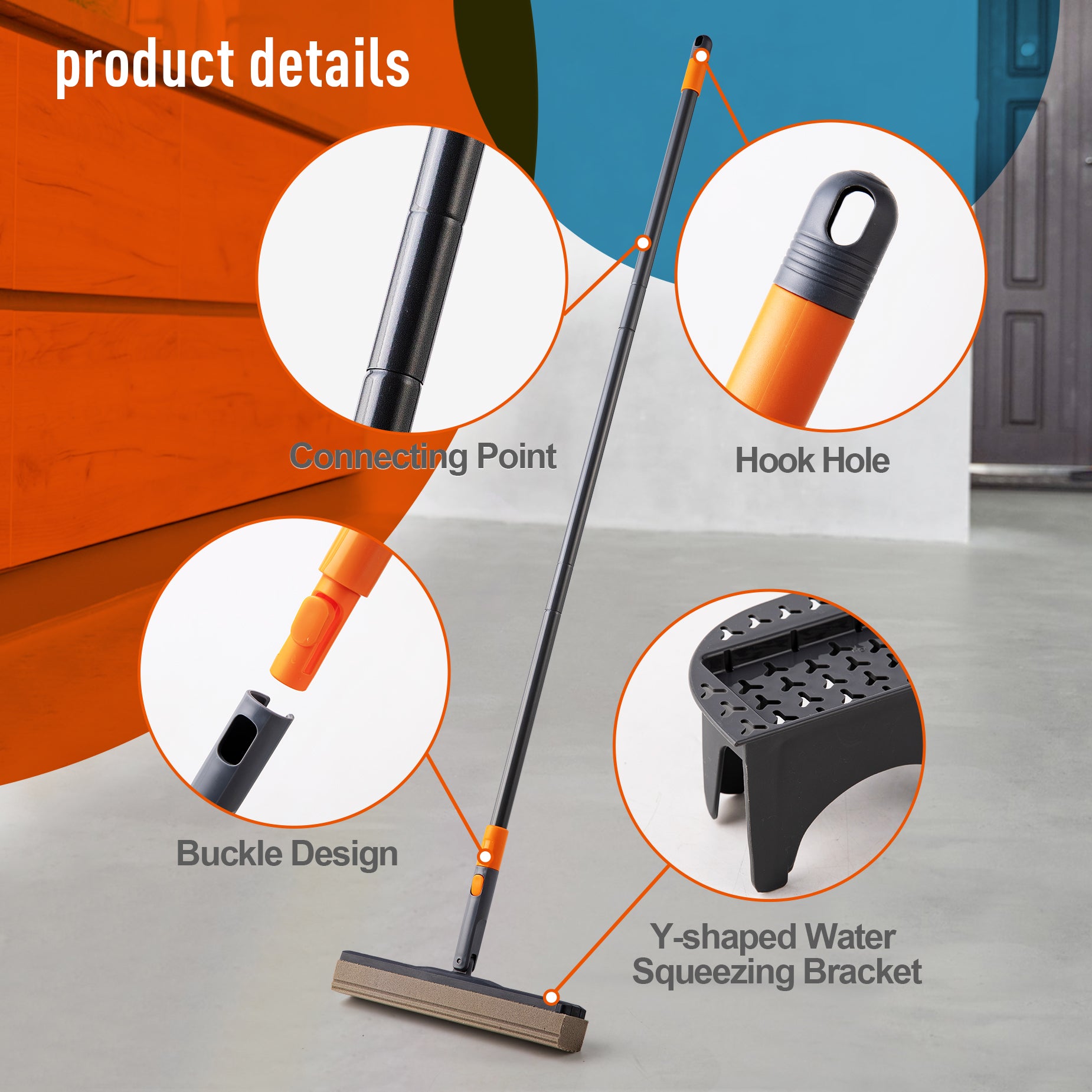 Sponge Mop Kit And Collapsible Bucket, Mop And Bucket For Floor Cleaning, Hands Free Home Floor Cleaning, Floor Cleaning System Black Orange Plastic