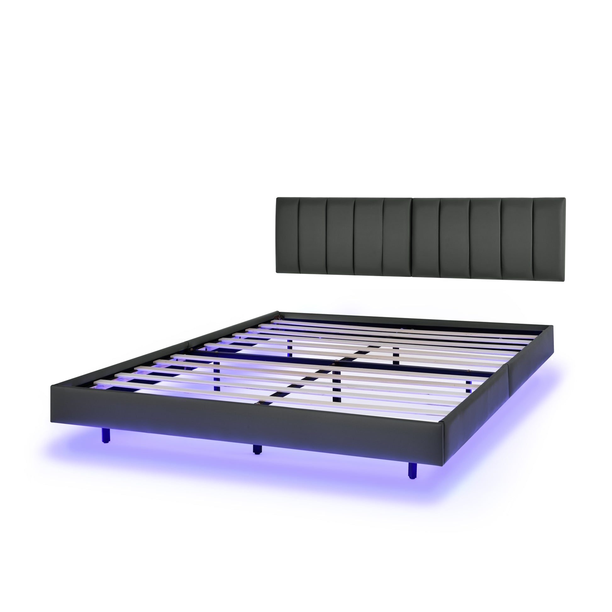 Queen Floating Bed Frame With Led Lights And Wall Mounted Headboard Modern Low Profile Led Platform Bed Frame Queen Size Faux Leather Upholstered Platform Bed Frame,No Box Spring Needed,Grey Queen Grey Pu