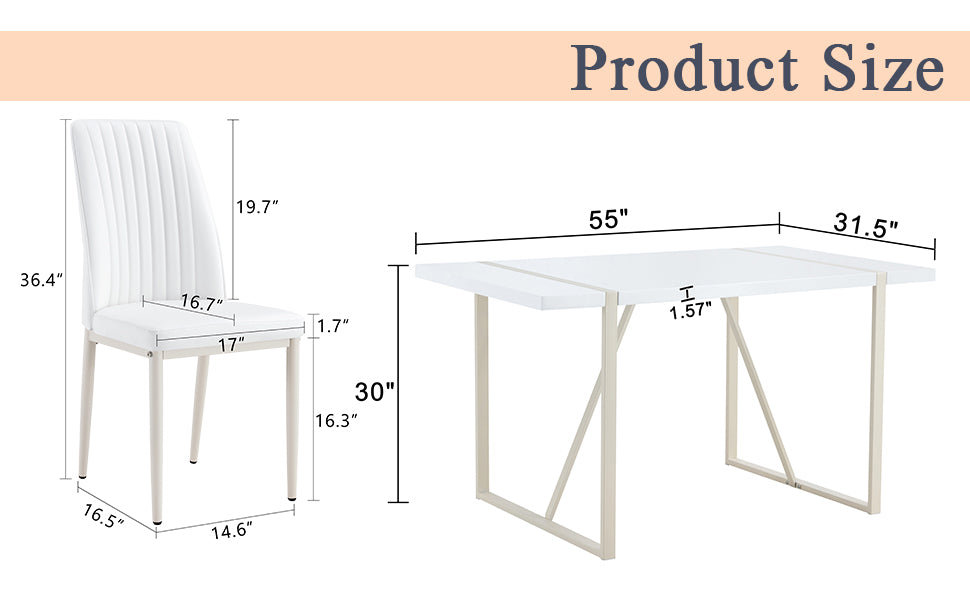 55"X31.5"Cream Style White Mdf Dining Table Set With 4 Armless Chairs.The Backrest Of The Dining Chair Is Designed With Multiple Vertical Stripes.Adding A Warm Atmosphere To Your Family. White Seats