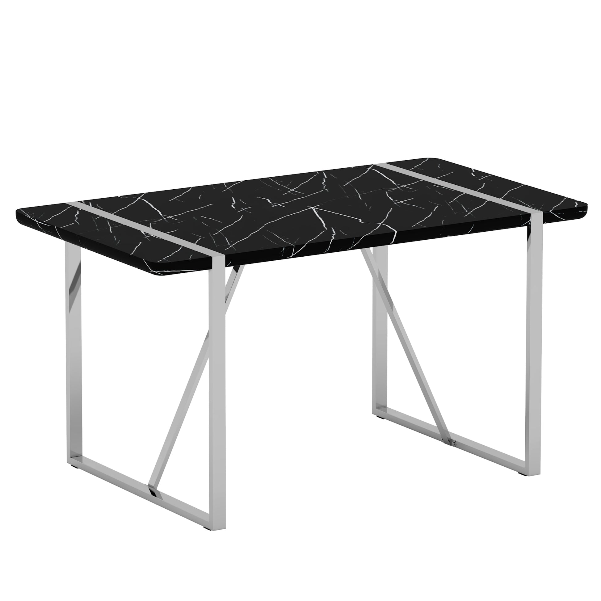 Table And Chair Set.A Rustic Industrial Rectangular Mdf Black Dining Table With Mdf Desktop And Electroplated Silver Metal Legs.Paried With 6 Chairs With Pu Cushion And Metal Legs. Black,Silver Seats 6 Mdf Metal