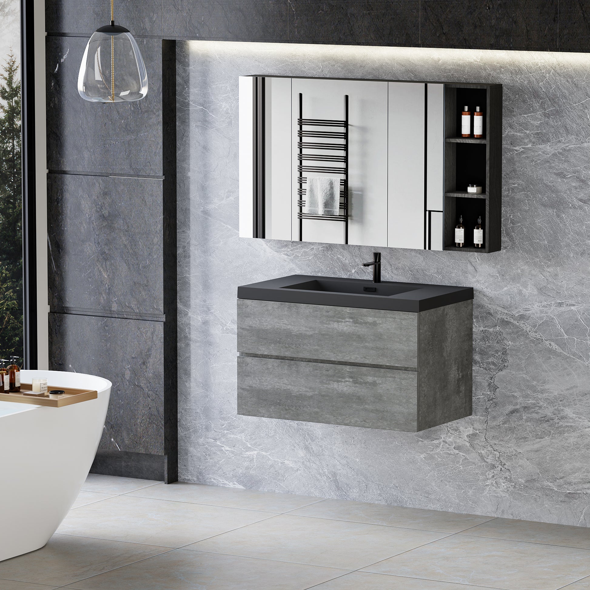 36" Floating Bathroom Vanity With Sink, Modern Wall Mounted Bathroom Storage Vanity Cabinet With Black Quartz Sand Top Basin And Soft Close Drawers, Grey 24V12 36Gr 2 Grey Plywood