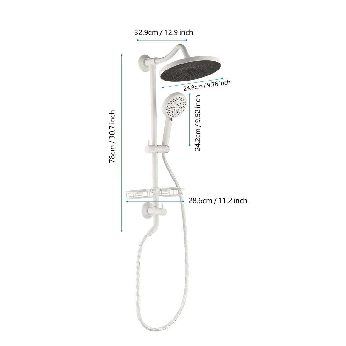 Showerspas Shower System, With 10" Rain Showerhead, 4 Function Hand Shower, Adjustable Slide Bar And Soap Dish White Brass,Stainless Steel