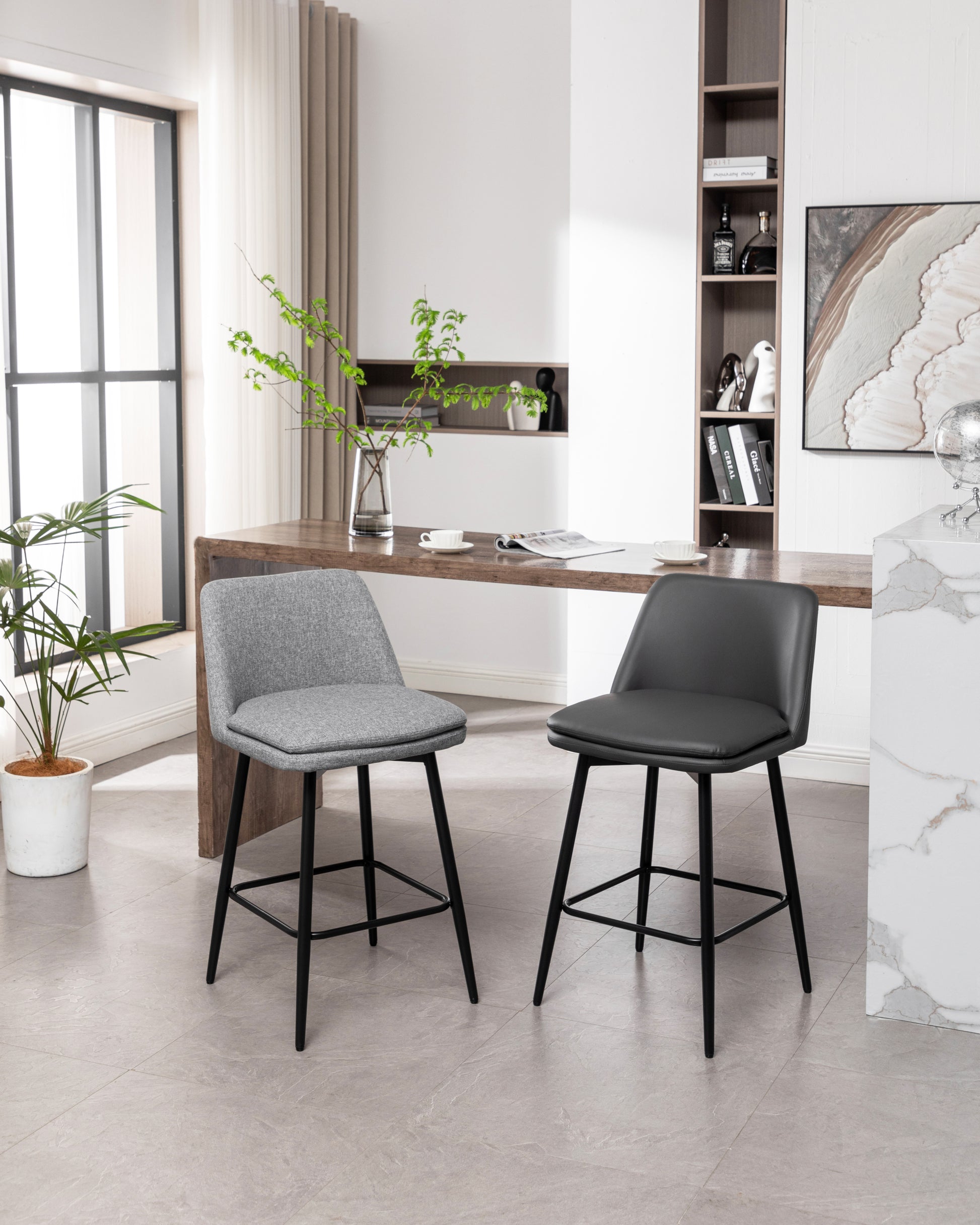Counter Height Swivel Bar Stools Set Of 2, 360 Swivel Upholstered Barstools With Back And Metal Legs, 25.6" Seat Height,Counter Stools For Kitchen Island And Pub,Linen Cloth,Grey Light Grey Set Of 2 Linen