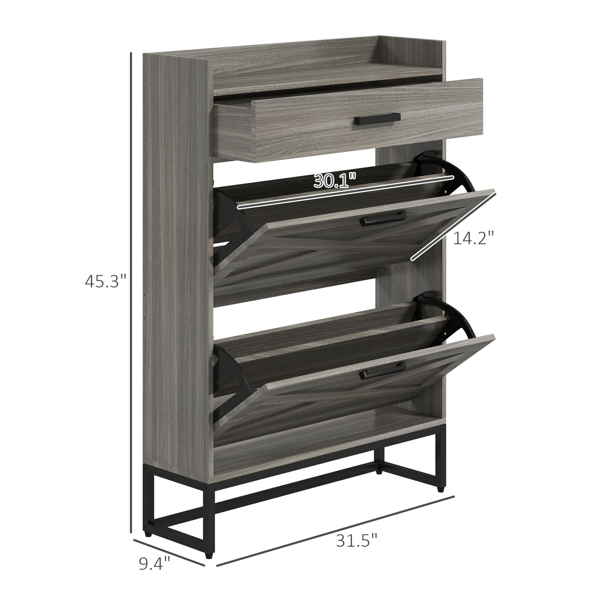 Homcom Narrow Shoe Cabinet, Industrial Shoe Storage Cabinet With 2 Flip Drawers, Adjustable Shelves, And Top Drawer, Entryway Hidden Shoe Storage For 12 Pairs Of Shoes, Distressed Gray Gray Particle Board