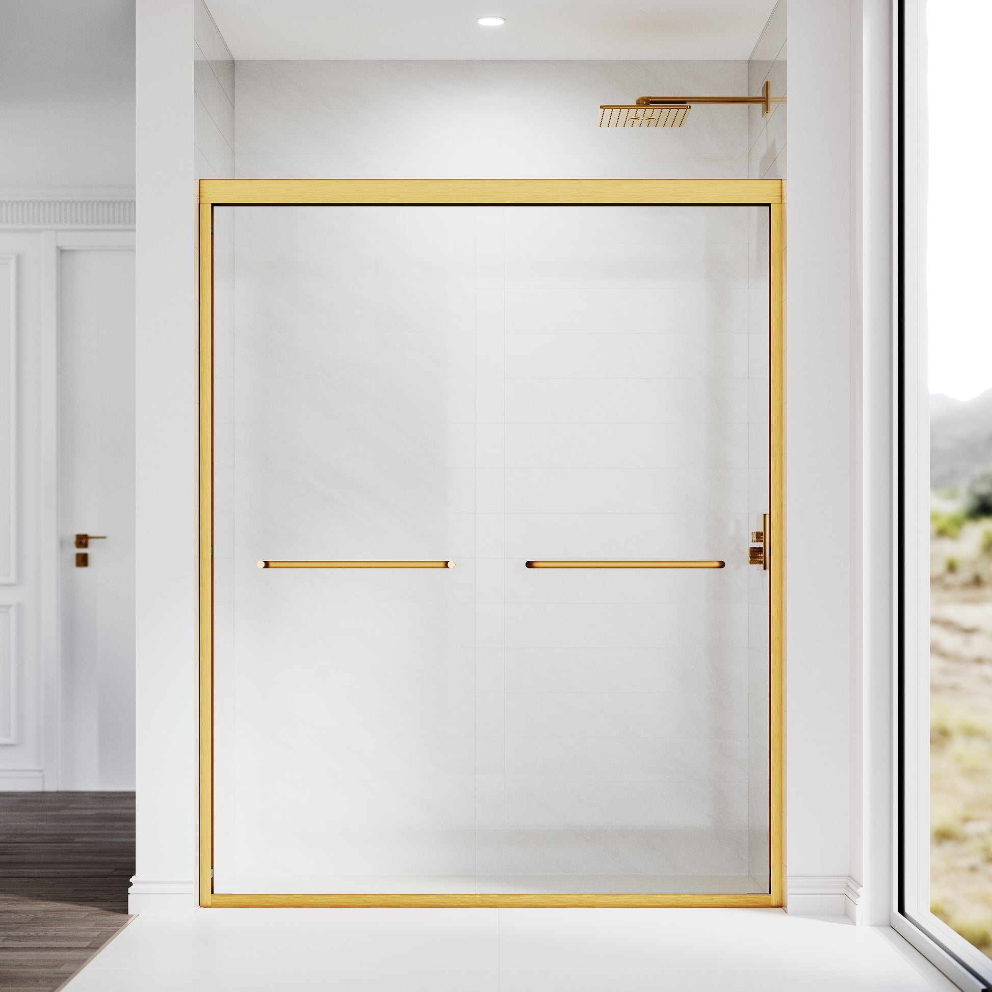 Sliding Shower Glass Door 56 60 In. W X 72 In. H, Adjustable Semi Frameless Shower Door, Certified Thick Clear Clear Tempered Glass, 304 Stainless Steel Handles,Brushed Gold Brushed Gold Aluminum