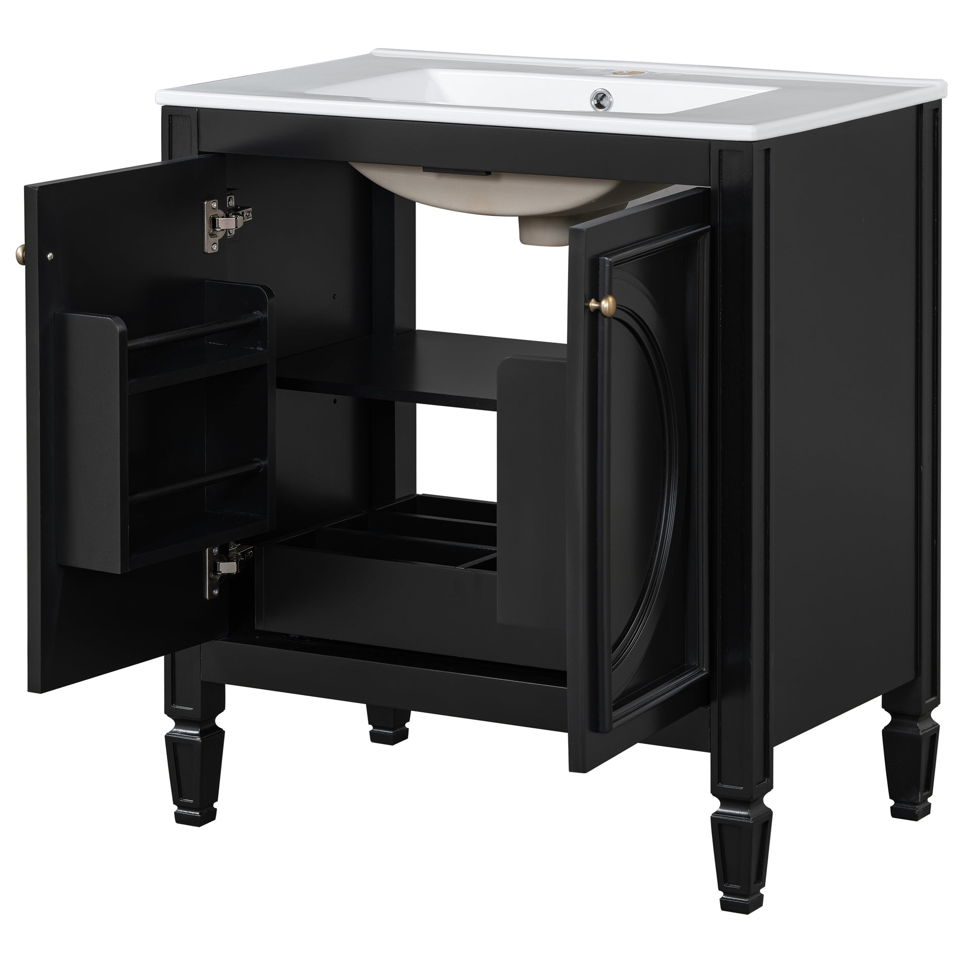 30" Bathroom Vanity With Sink, Two Doors With Shelf, Soft Close Door Hinges, Vintage Style, Black Black Ceramic Mdf,Rubber Wood