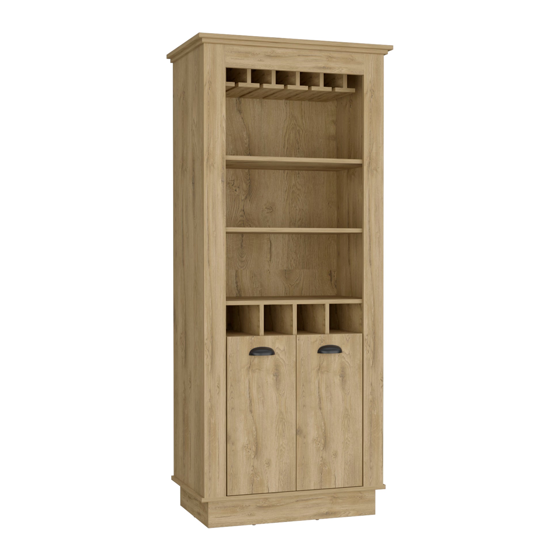 Lafayette Bar Cabinet With 4 Bottle Rack, Upper Glass Holder And Dual Door Design Beige Primary Living Space Modern Shelves Included Particle Board