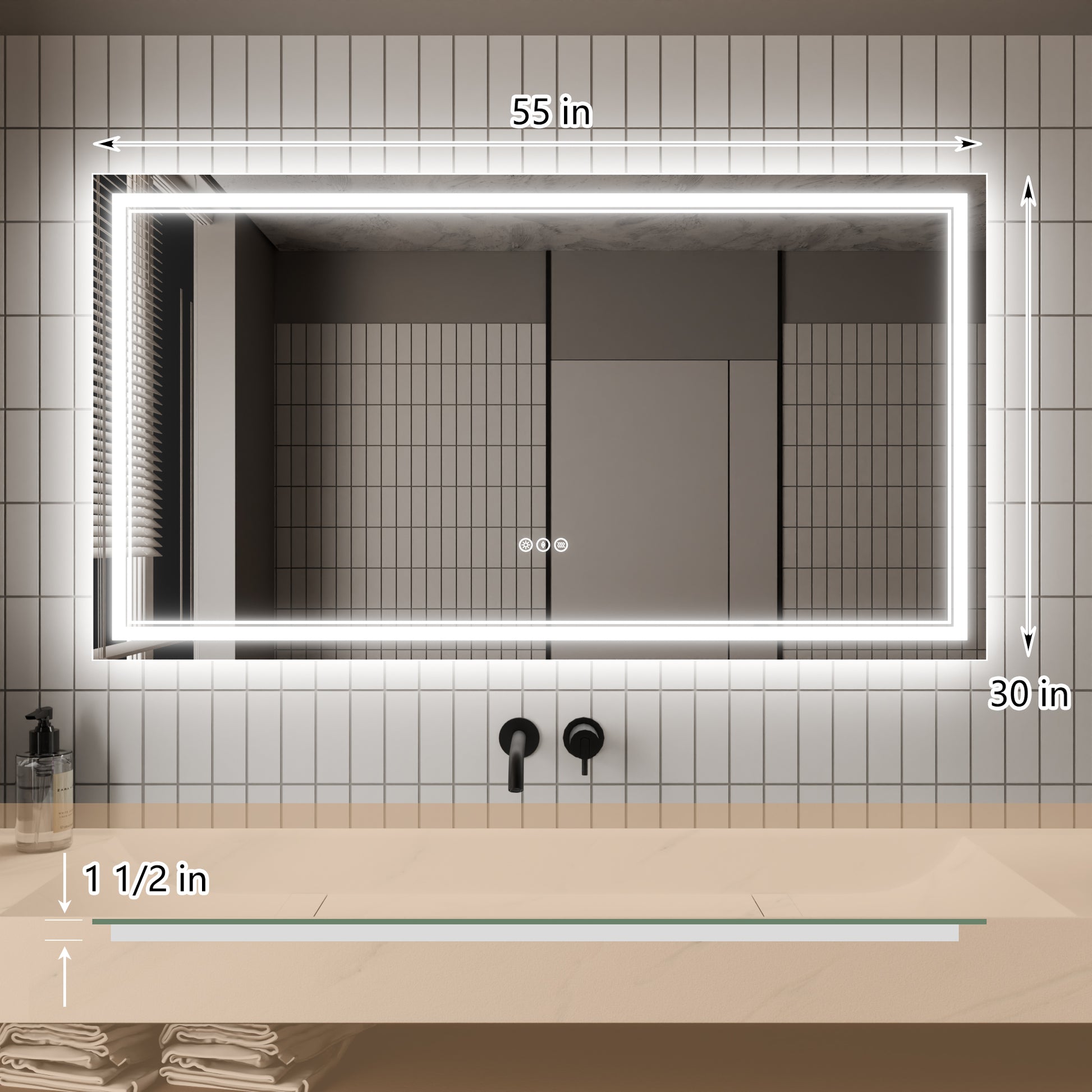 Led Bathroom Mirror, 30X55 Inch Bathroom Vanity Mirrors With Lights, Mirrors For Wall With Smart Touch Button, Anti Fog, Memory Function, Stepless Dimmable Makeup Mirror Horizontal Vertical White Aluminium