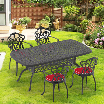 Cushions In Random Colors 5 Piece Set Of Cast Aluminum Patio Furniture With Cushions Yes Dining Set Black Seats 4 Rust Resistant Frame Water Resistant Cushion Garden & Outdoor Complete Patio Sets Aluminium