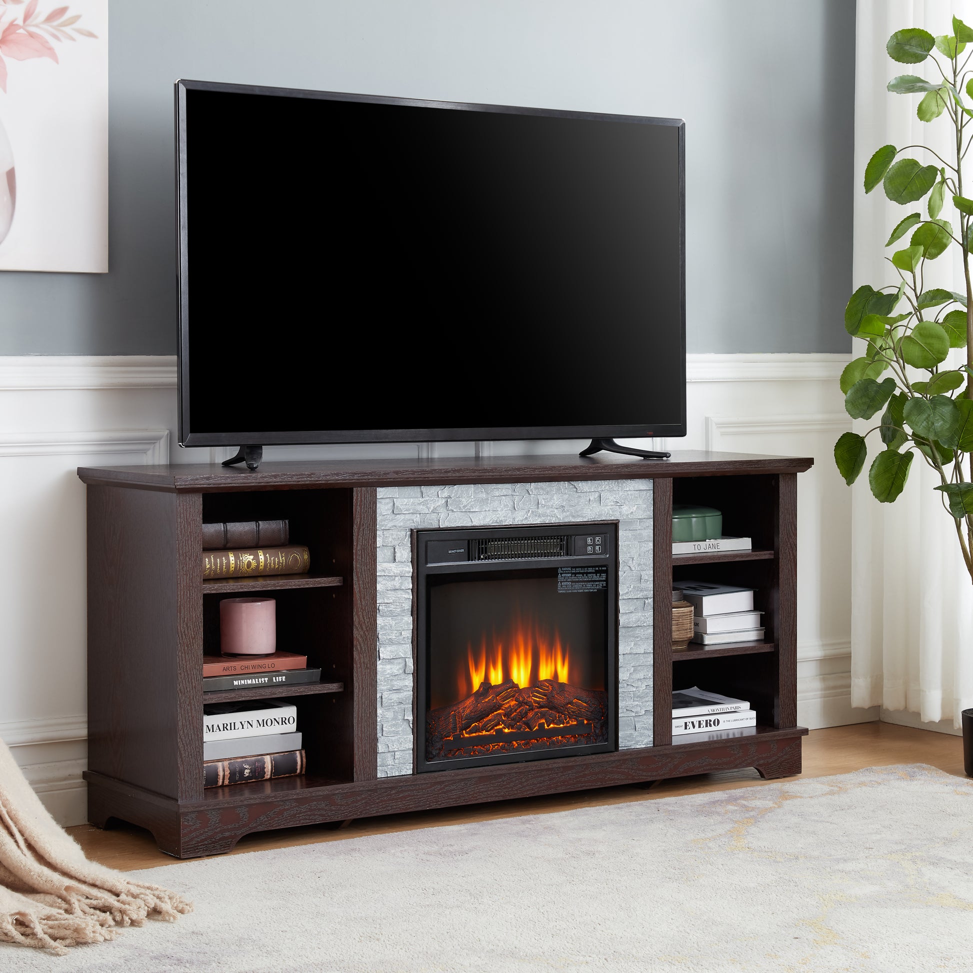 Faux Stacked Stone Tv Media Stand With Open Storage Modern Entertainment Console Space With 18" Fireplace Insert, Cherry, 58.31"W*15.39"D*26.06"H Cherry 60 69 Inches Mdf