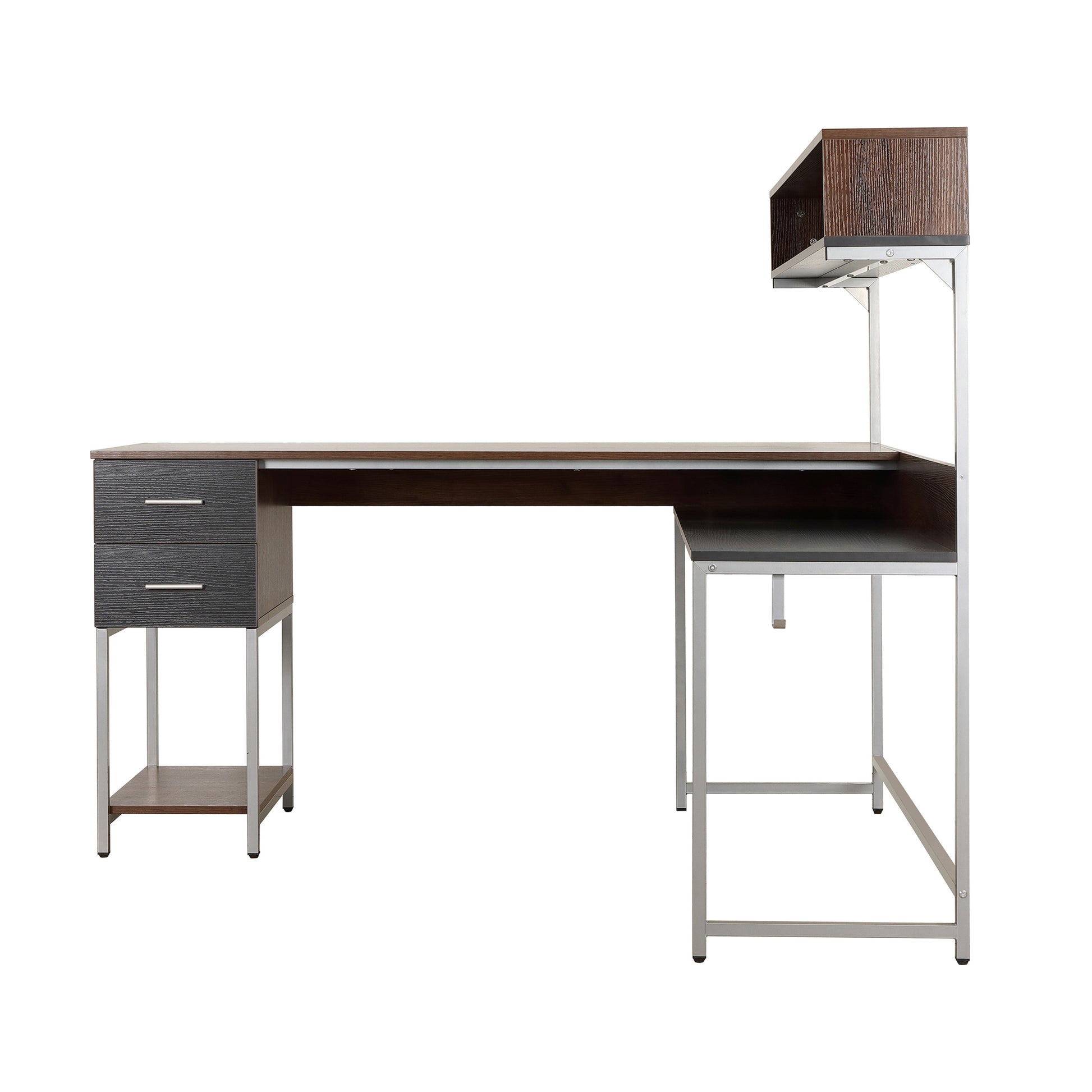 Techni Mobili L Shape Desk With Hutch And Storage, Walnut Walnut Computer Desk Office Modern L Shape Engineered Wood