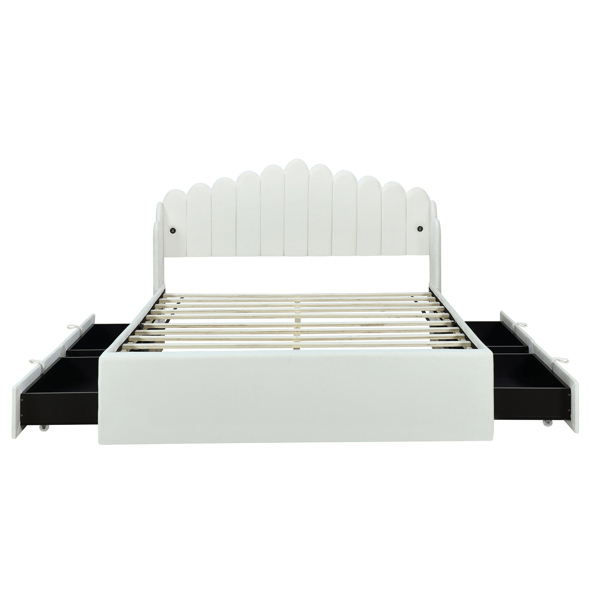 Queen Size Upholstered Platform Bed With 4 Drawers And 2 Usb, Beige Box Spring Not Required Queen Beige Wood Bedroom Bed Frame Polyester Upholstered